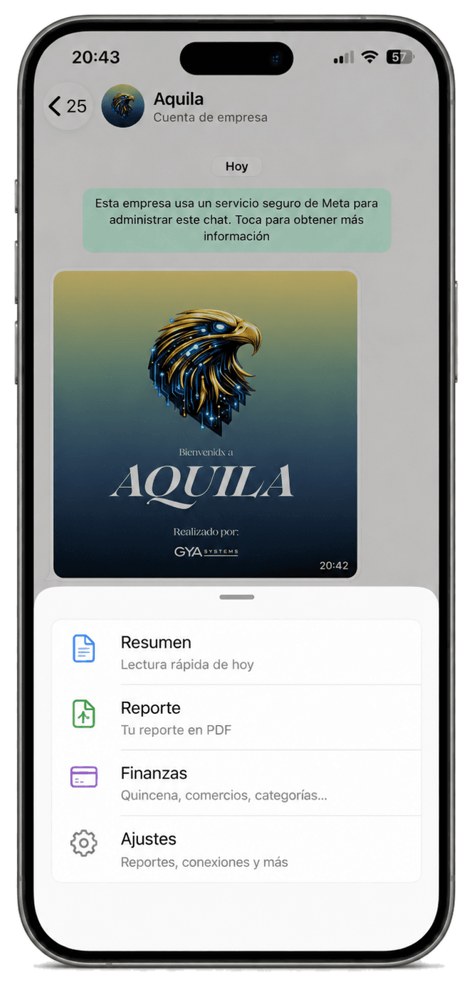 Menú de opciones de Aquila en WhatsApp con resumen, reporte y finanzas