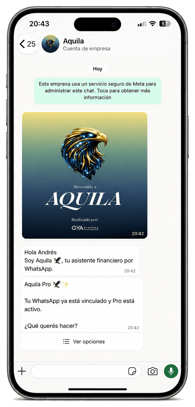 Aquila saluda en WhatsApp y ofrece ver las opciones disponibles